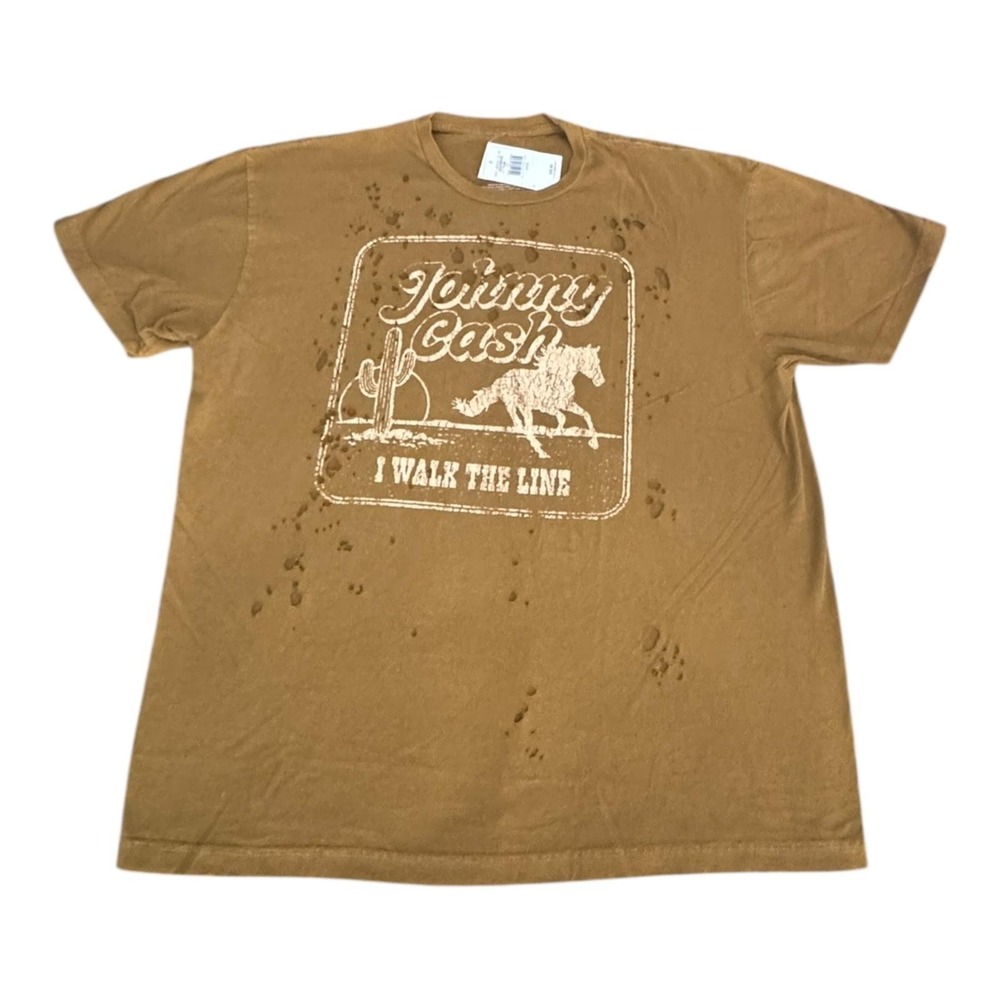 Johnny Cash Boyfriend Large Brown I Walk The Line Distressed Graphic Band Tee